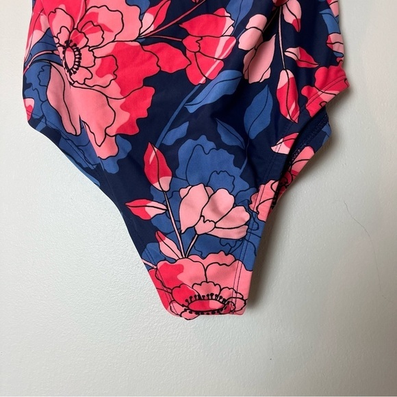Kona Sol Strapless One Piece Navy and Pink Floral Swimsuit Medium - Picture 3 of 8